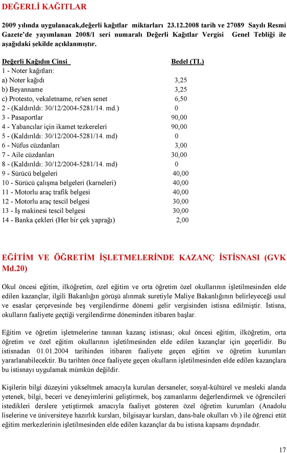 Değerli Kağıdın Cinsi Bedel (TL) 1 - Noter kağıtları: a) Noter kağıdı 3,25 b) Beyanname 3,25 c) Protesto, vekaletname, re'sen senet 6,50 2 - (Kaldırıldı: 30/12/2004-5281/14. md.