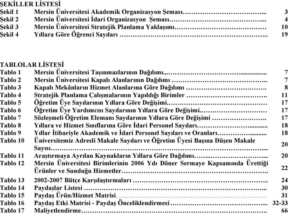..... 7 Tablo 2 Mersin Üniversitesi Kapalı Alanlarının Dağılımı.. 7 Tablo 3 Kapalı Mekânların Hizmet Alanlarına Göre Dağılımı. 8 Tablo 4 Stratejik Planlama Çalışmalarının Yapıldığı Birimler.