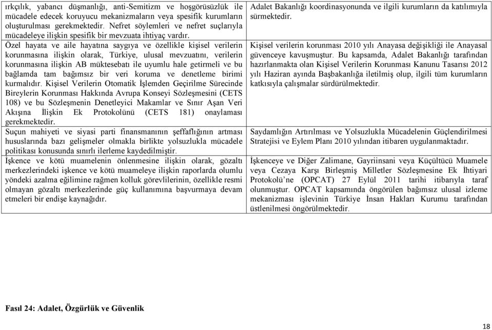 Özel hayata ve aile hayatına saygıya ve özellikle kişisel verilerin korunmasına ilişkin olarak, Türkiye, ulusal mevzuatını, verilerin korunmasına ilişkin AB müktesebatı ile uyumlu hale getirmeli ve