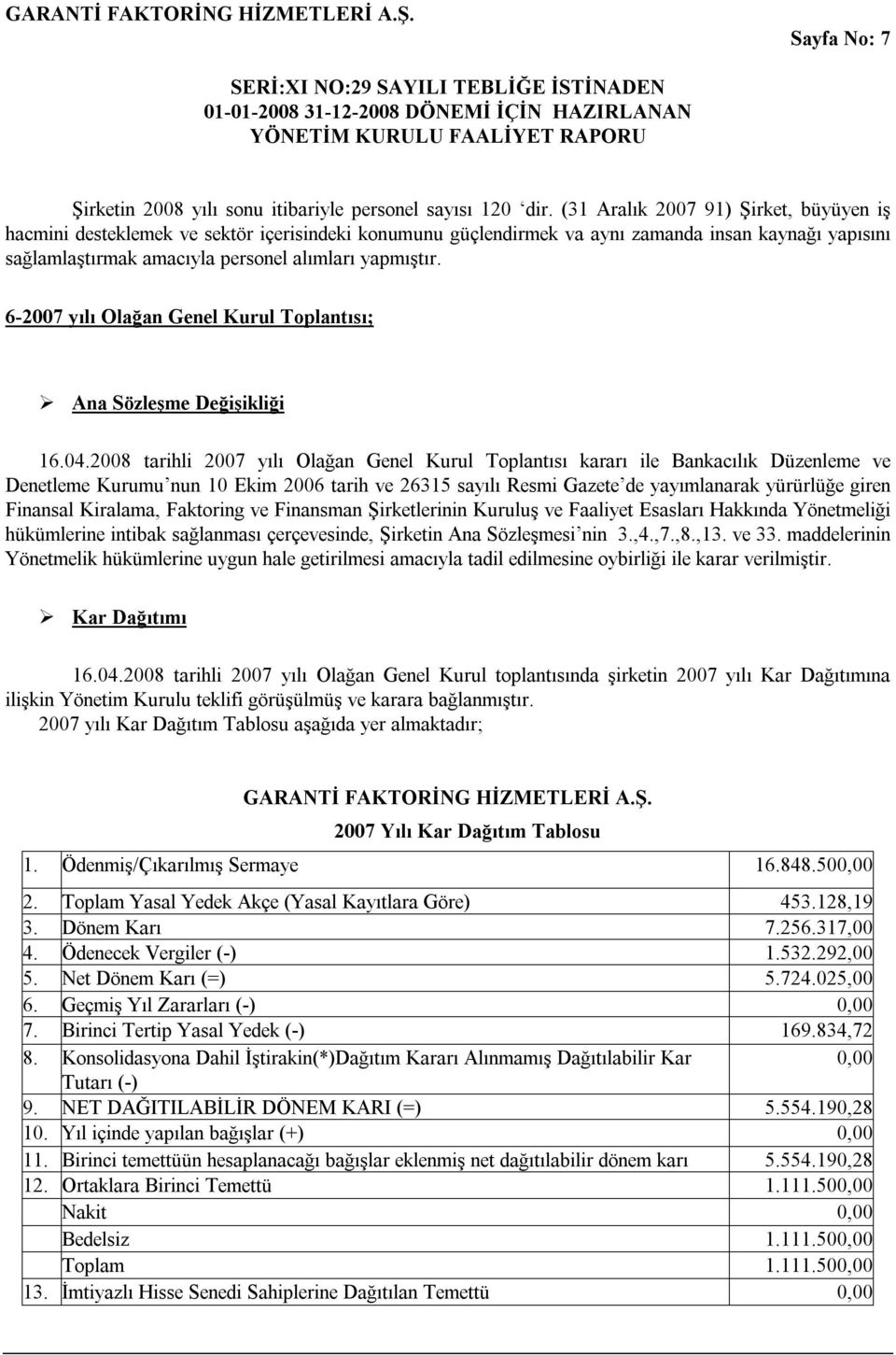 6-2007 yılı Olağan Genel Kurul Toplantısı; Ana Sözleşme Değişikliği 16.04.