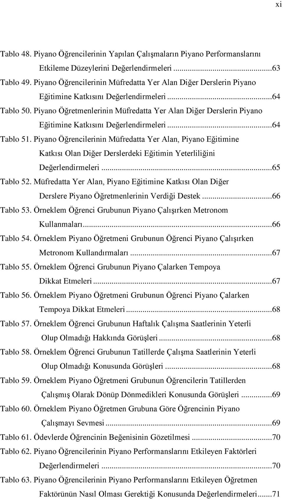 Piyano Öğretmenlerinin Müfredatta Yer Alan Diğer Derslerin Piyano Eğitimine Katkısını Değerlendirmeleri... 64 Tablo 51.