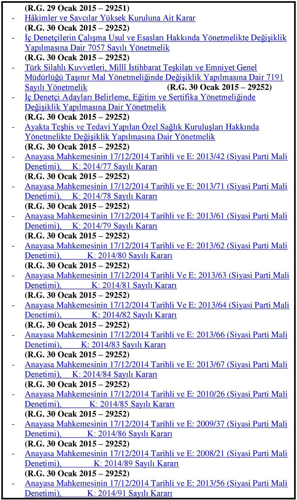 G. 30 Ocak 2015 29252) - Ayakta TeĢhis ve Tedavi Yapılan Özel Sağlık KuruluĢları Hakkında Yönetmelikte DeğiĢiklik Yapılmasına Dair Yönetmelik (R.G. 30 Ocak 2015 29252) - Anayasa Mahkemesinin 17/12/2014 Tarihli ve E: 2013/42 (Siyasi Parti Mali Denetimi), K: 2014/77 Sayılı Kararı (R.