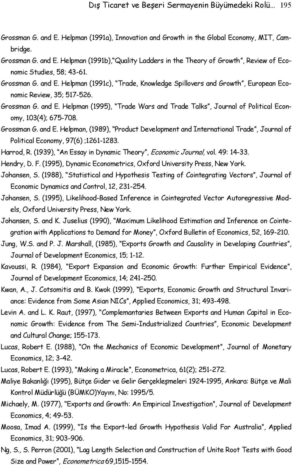 Grossman G. and E. Helpman, (1989), Product Development and International Trade, Journal of Political Economy, 97(6) ;1261-1283. Harrod, R. (1939), An Essay in Dynamic Theory, Economic Journal, vol.