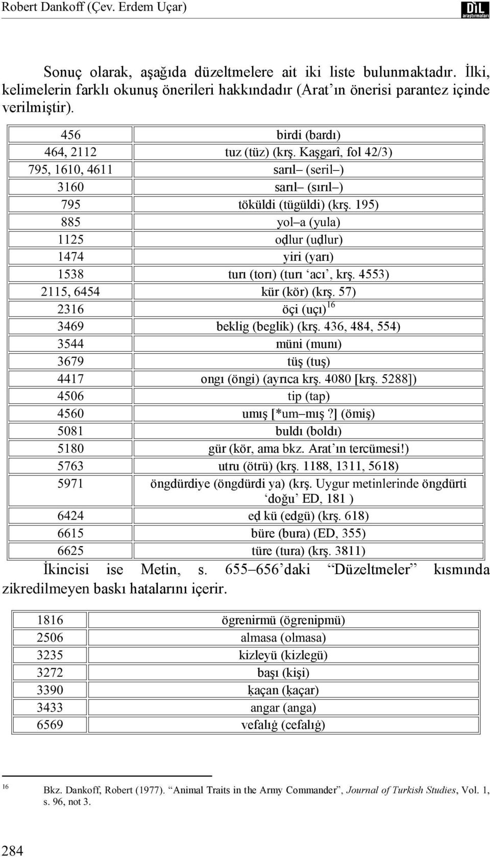 195) 885 yol a (yula) 1125 oḍlur (uḍlur) 1474 yiri (yarı) 1538 turı (torı) (turı acı, krş. 4553) 2115, 6454 kür (kör) (krş. 57) 2316 öçi (uçı) 16 3469 beklig (beglik) (krş.