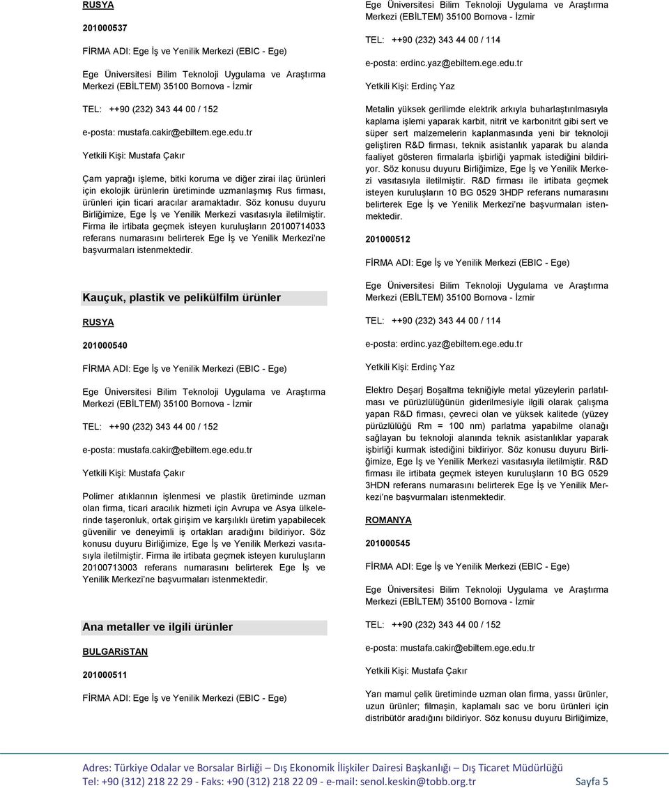 Firma ile irtibata geçmek isteyen kuruluşların 20100714033 referans numarasını belirterek Ege İş ve Yenilik Merkezi ne Kauçuk, plastik ve pelikülfilm ürünler RUSYA 201000540 Polimer atıklarının