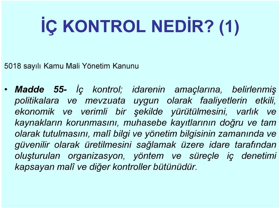 olarak faaliyetlerin etkili, ekonomik ve verimli bir şekilde yürütülmesini, varlık ve kaynakların korunmasını, muhasebe