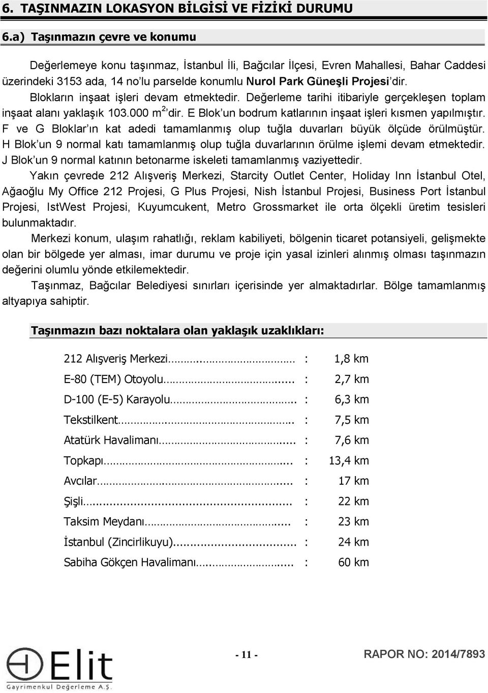 Blkların inşaat işleri devam etmektedir. Değerleme tarihi itibariyle gerçekleşen tplam inşaat alanı yaklaşık 103.000 m 2 dir. E Blk un bdrum katlarının inşaat işleri kısmen yapılmıştır.