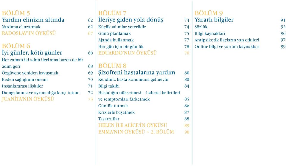 Ajanda kullanmak 77 Her gün için bir günlük 78 EDUARDO NUN ÖYKÜSÜ 79 BÖLÜM 8 Şizofreni hastalar na yard m 80 Kendiniz hasta konumuna gelmeyin 80 Bilgi takibi 84 Hastalığın nüksetmesi haberci