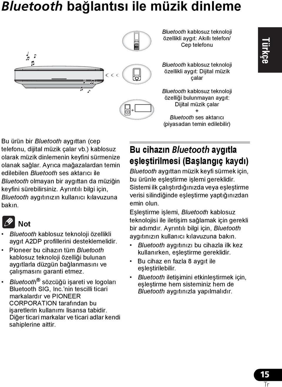 Ayrıntılı bilgi için, Bluetooth aygıtınızın kullanıcı kılavuzuna bakın. Not Bluetooth kablosuz teknoloji özellikli aygıt A2DP profillerini desteklemelidir.