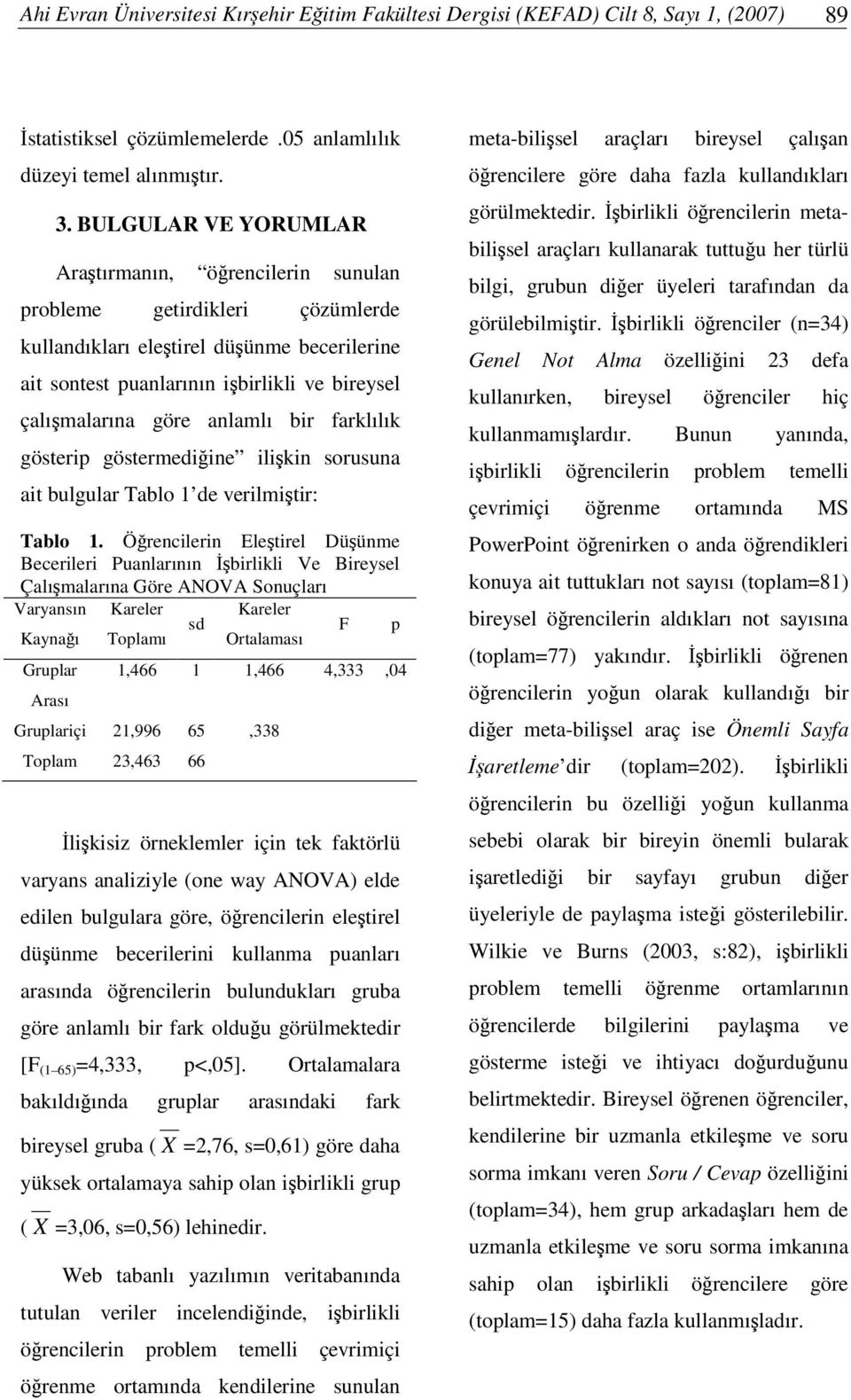 anlamlı bir farklılık gösterip göstermediine ilikin sorusuna ait bulgular Tablo 1 de verilmitir: Tablo 1.