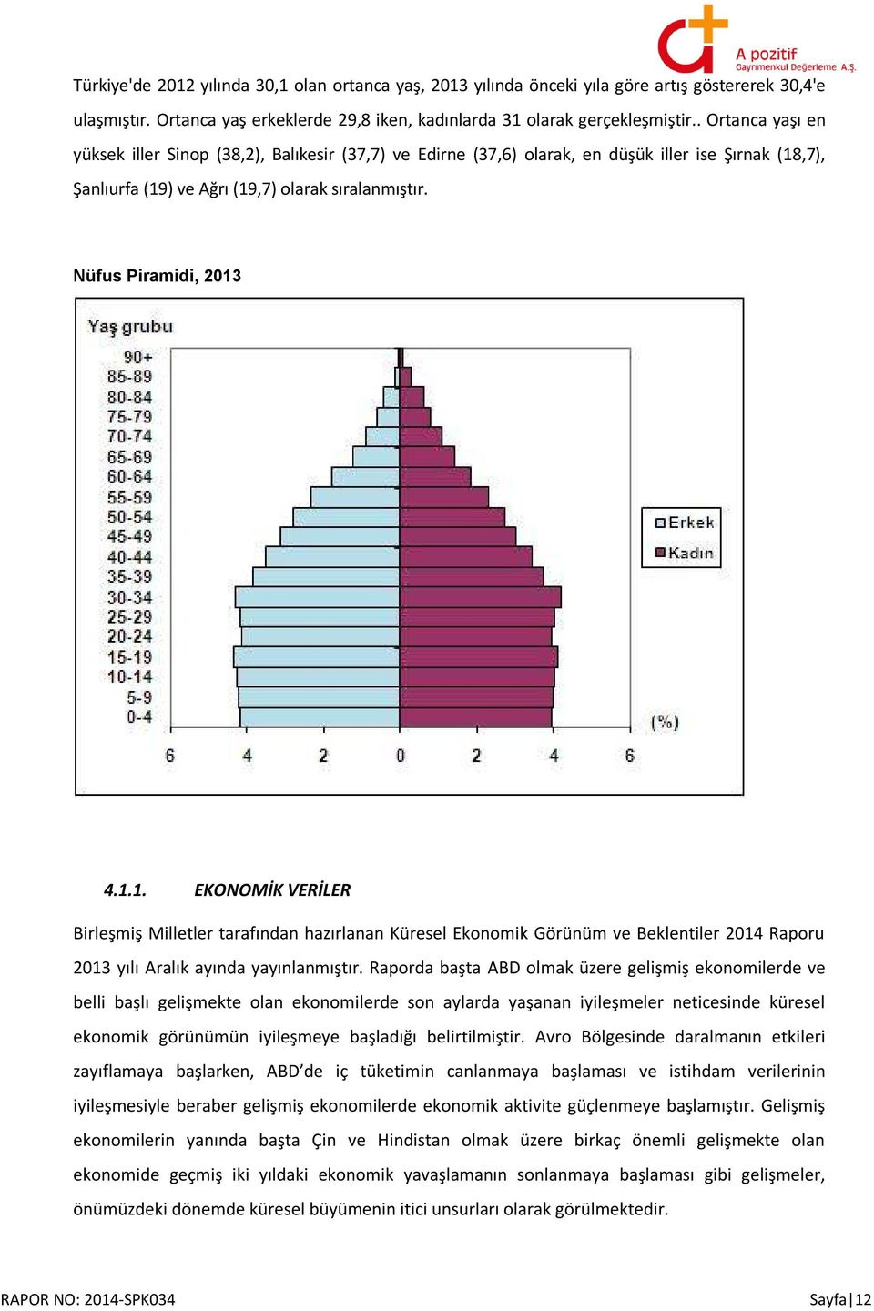 ,7), Şanlıurfa (19) ve Ağrı (19,7) olarak sıralanmıştır. Nüfus Piramidi, 2013 4.1.1. EKONOMİK VERİLER Birleşmiş Milletler tarafından hazırlanan Küresel Ekonomik Görünüm ve Beklentiler 2014 Raporu 2013 yılı Aralık ayında yayınlanmıştır.