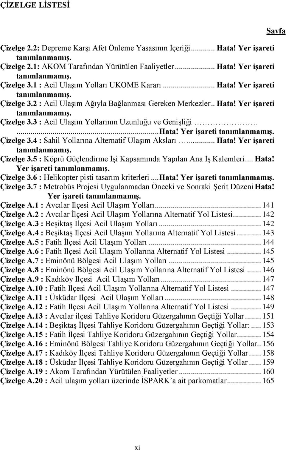 .. Hata! Yer iģareti tanımlanmamıģ. Çizelge 3.4 : Sahil Yollarına Alternatif UlaĢım Aksları...... Hata! Yer iģareti tanımlanmamıģ. Çizelge 3.5 : Köprü Güçlendirme ĠĢi Kapsamında Yapılan Ana ĠĢ Kalemleri.