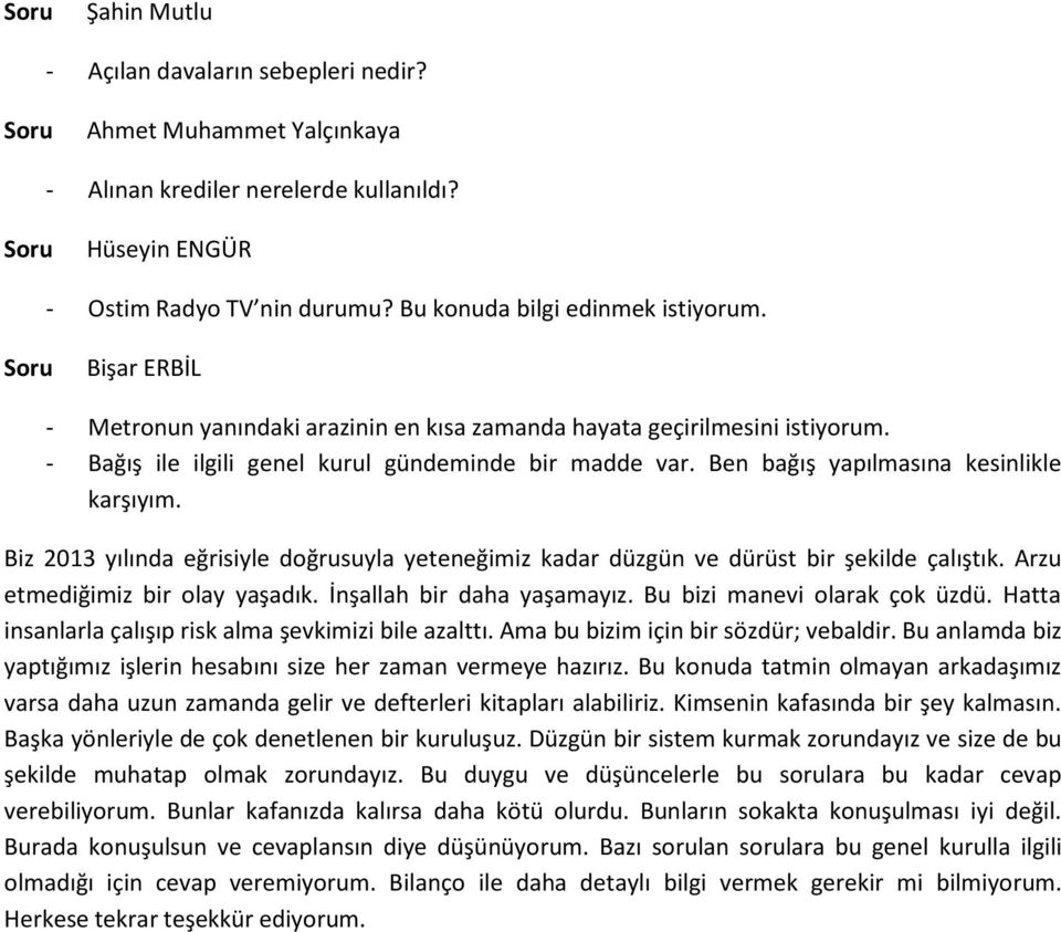 Biz 2013 yılında eğrisiyle doğrusuyla yeteneğimiz kadar düzgün ve dürüst bir şekilde çalıştık. Arzu etmediğimiz bir olay yaşadık. İnşallah bir daha yaşamayız. Bu bizi manevi olarak çok üzdü.