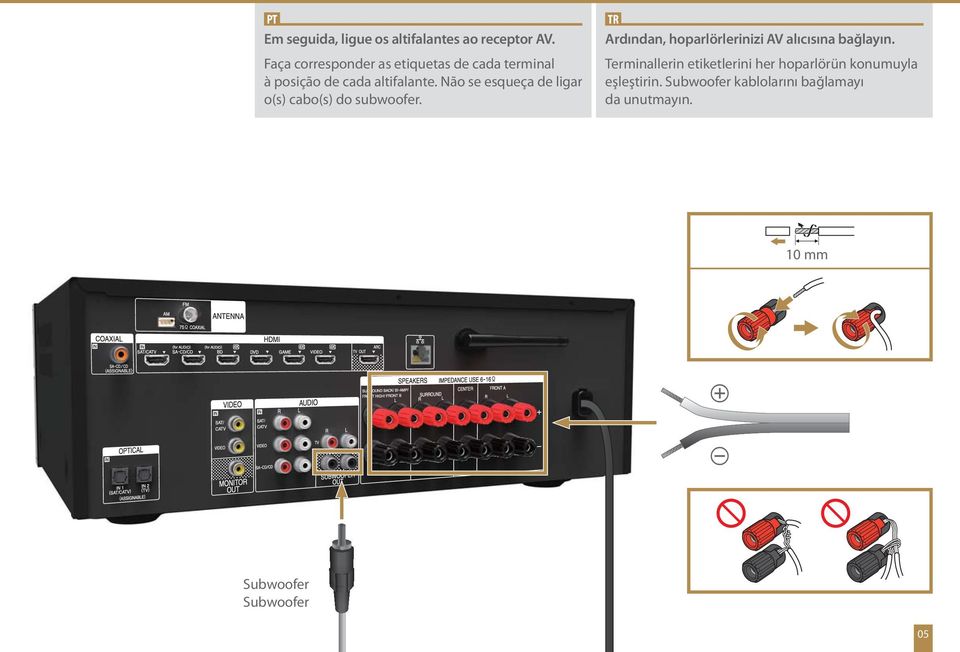 Não se esqueça de ligar o(s) cabo(s) do subwoofer.