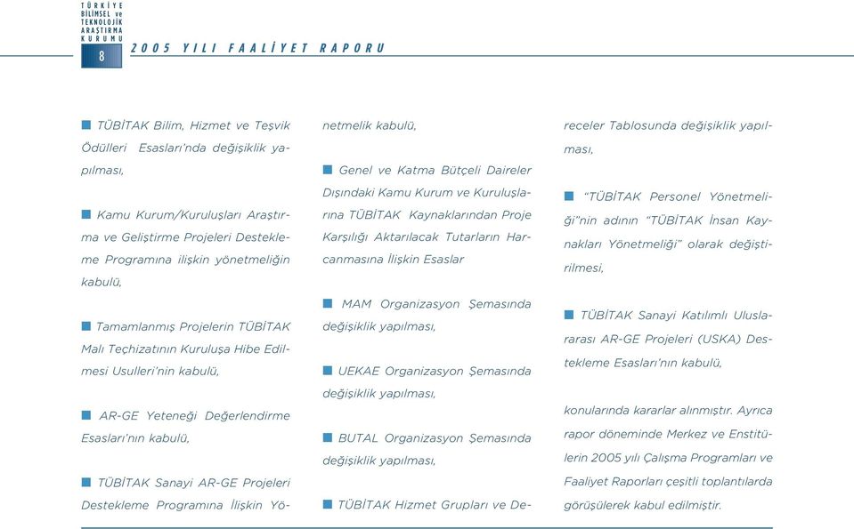 Esaslar kabulü, TÜB TAK Saayi ARGE Projeleri Destekleme Program a liflki Yöetmelik kabulü, Geel ve Katma Bütçeli Daireler D fl daki Kamu Kurum ve Kurulufllar a TÜB TAK Kayaklar da Proje Karfl l Aktar