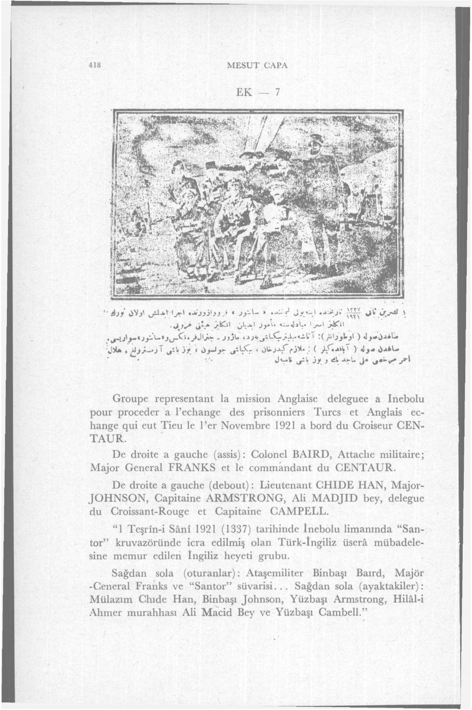 1921 a bord du Croiseur CEN- TAUR. De droite a gauche (assis): Colonel BAIRD, Attaclıe militaire; Majör General FRANKS et le commandant du CENTAUR.