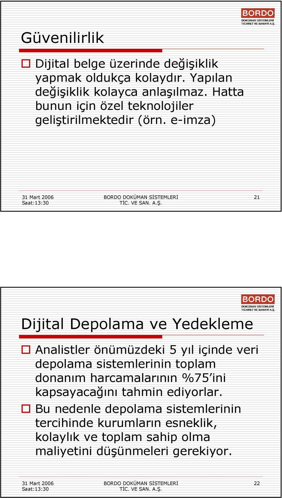 e-imza) 21 Dijital Depolama ve Yedekleme Analistler önümüzdeki 5 yıl içinde veri depolama sistemlerinin toplam donanım