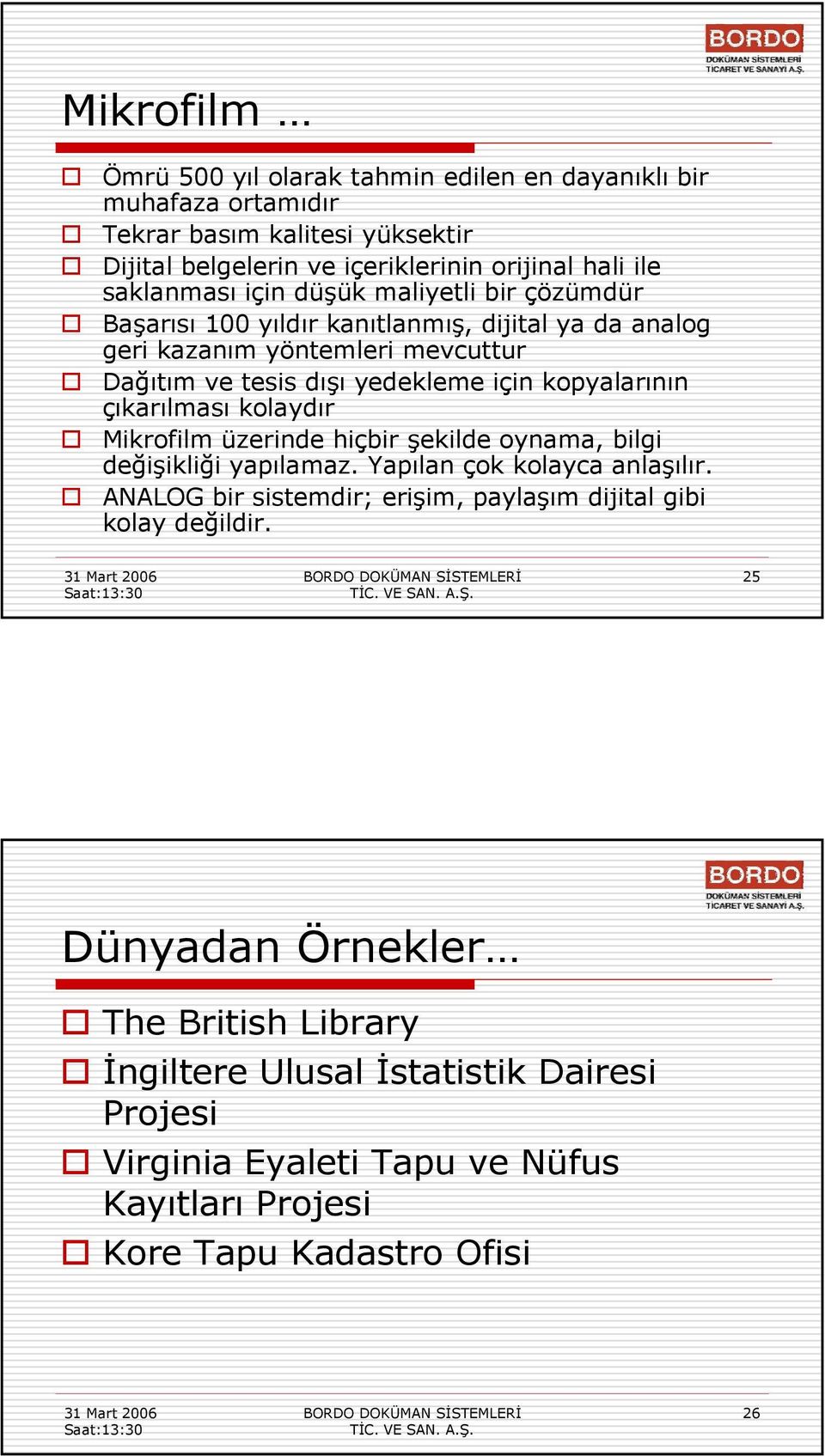 kopyalarının çıkarılması kolaydır Mikrofilm üzerinde hiçbir şekilde oynama, bilgi değişikliği yapılamaz. Yapılan çok kolayca anlaşılır.