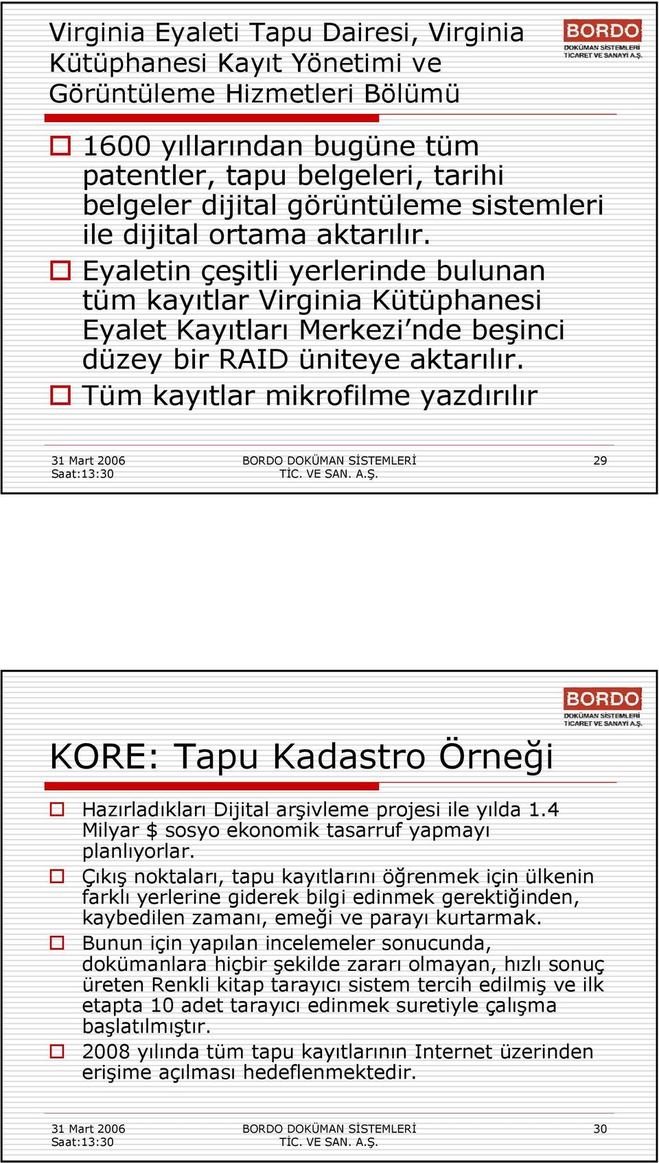 Tüm kayıtlar mikrofilme yazdırılır 29 KORE: Tapu Kadastro Örneği Hazırladıkları Dijital arşivleme projesi ile yılda 1.4 Milyar $ sosyo ekonomik tasarruf yapmayı planlıyorlar.