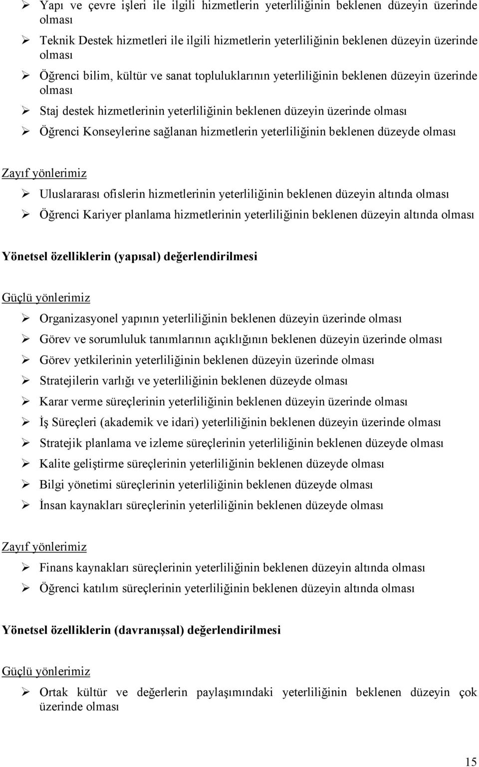 düzeyde Zayıf yönlerimiz Uluslararası ofislerin hizmetlerinin yeterliliğinin beklenen düzeyin altında Öğrenci Kariyer planlama hizmetlerinin yeterliliğinin beklenen düzeyin altında Yönetsel