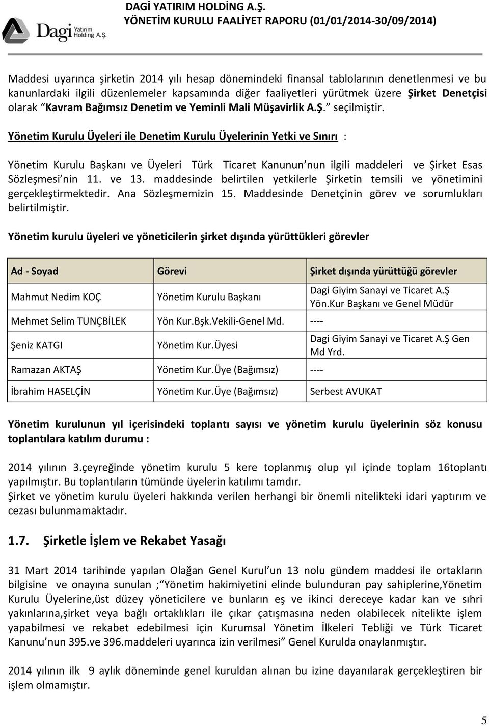 Yönetim Kurulu Üyeleri ile Denetim Kurulu Üyelerinin Yetki ve Sınırı : Yönetim Kurulu Başkanı ve Üyeleri Türk Ticaret Kanunun nun ilgili maddeleri ve Şirket Esas Sözleşmesi nin 11. ve 13.