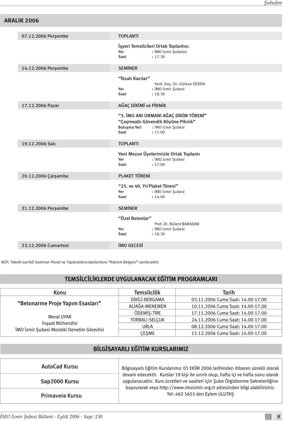 00 19.12.2006 Salý TOPLANTI Yeni Mezun Üyelerimizle Ortak Toplantý Yer : ÝMO Ýzmir Þubesi Saat : 17.00 20.12.2006 Çarþamba PLAKET TÖRENÝ 25. ve 40. Yýl Plaket Töreni Yer : ÝMO Ýzmir Þubesi Saat : 14.