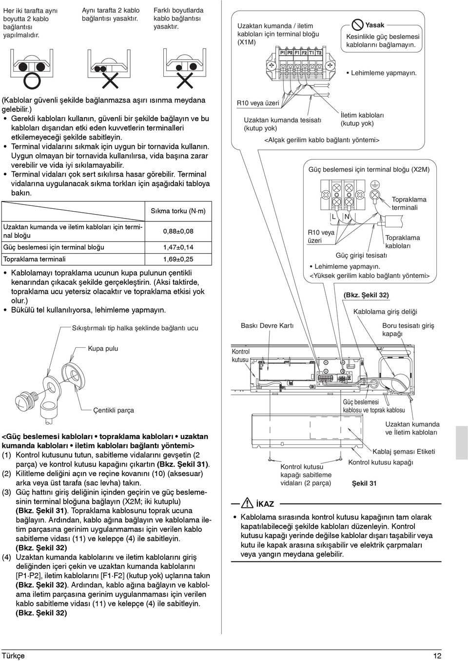 ) Gerekli kabloları kullanın, güvenli bir şekilde bağlayın ve bu kabloları dışarıdan etki eden kuvvetlerin terminalleri etkilemeyeceği şekilde sabitleyin.