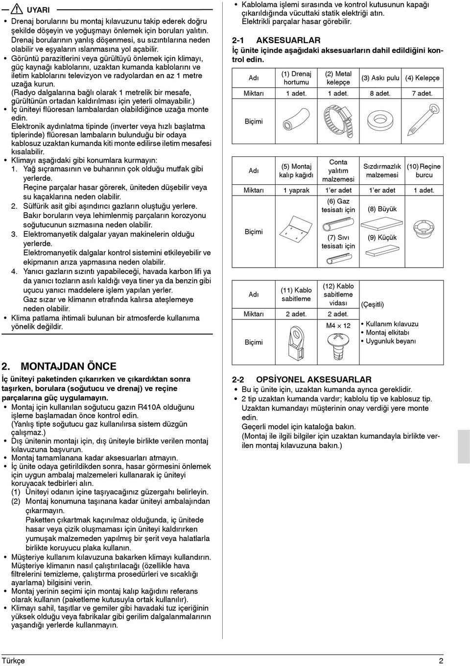 Görüntü parazitlerini veya gürültüyü önlemek için klimayı, güç kaynağı kablolarını, uzaktan kumanda kablolarını ve iletim kablolarını televizyon ve radyolardan en az 1 metre uzağa kurun.