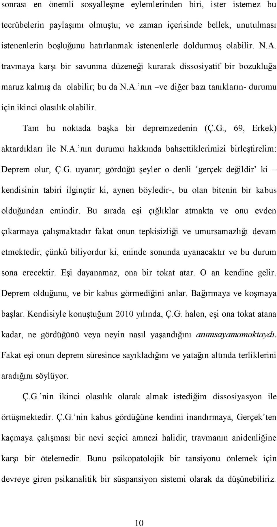 Tam bu noktada baģka bir depremzedenin (Ç.G., 69, Erkek) aktardıkları ile N.A. nın durumu hakkında bahsettiklerimizi birleģtirelim: Deprem olur, Ç.G. uyanır; gördüğü Ģeyler o denli gerçek değildir ki kendisinin tabiri ilginçtir ki, aynen böyledir-, bu olan bitenin bir kabus olduğundan emindir.