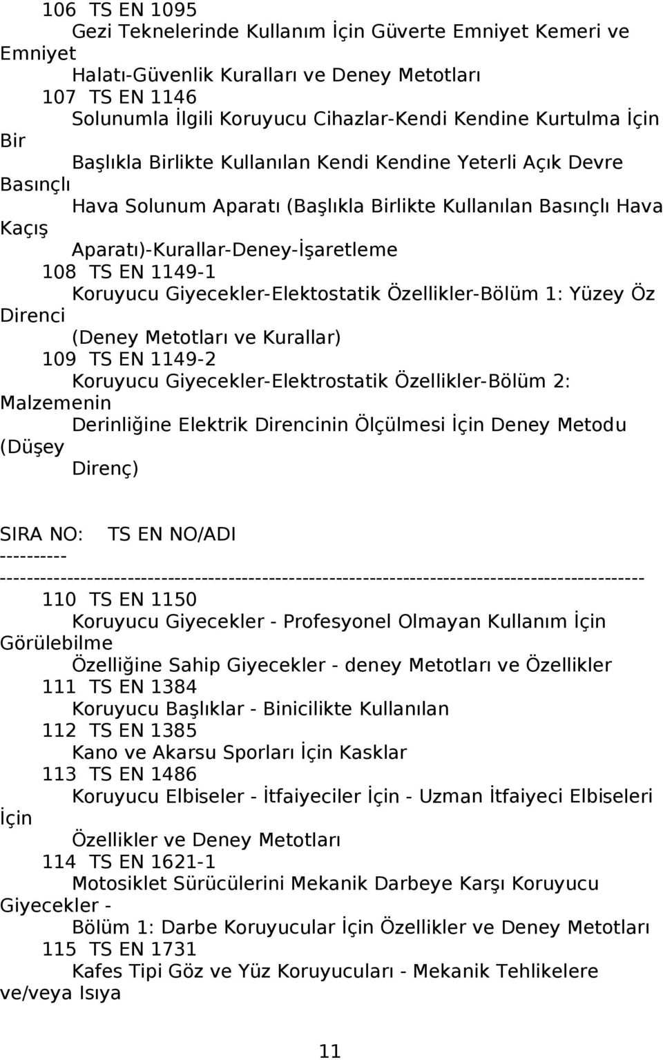 Koruyucu Giyecekler-Elektostatik Özellikler-Bölüm 1: Yüzey Öz Direnci (Deney ve Kurallar) 109 TS EN 1149-2 Koruyucu Giyecekler-Elektrostatik Özellikler-Bölüm 2: Malzemenin Derinliğine Elektrik