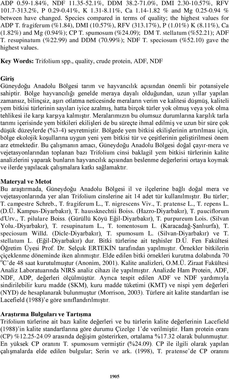 stellatum (%52.21); ADF T. resupinatum (%22.99) and DDM (70.99%); NDF T. speciosum (%52.10) gave the highest values. Key Words: Trifolium spp.