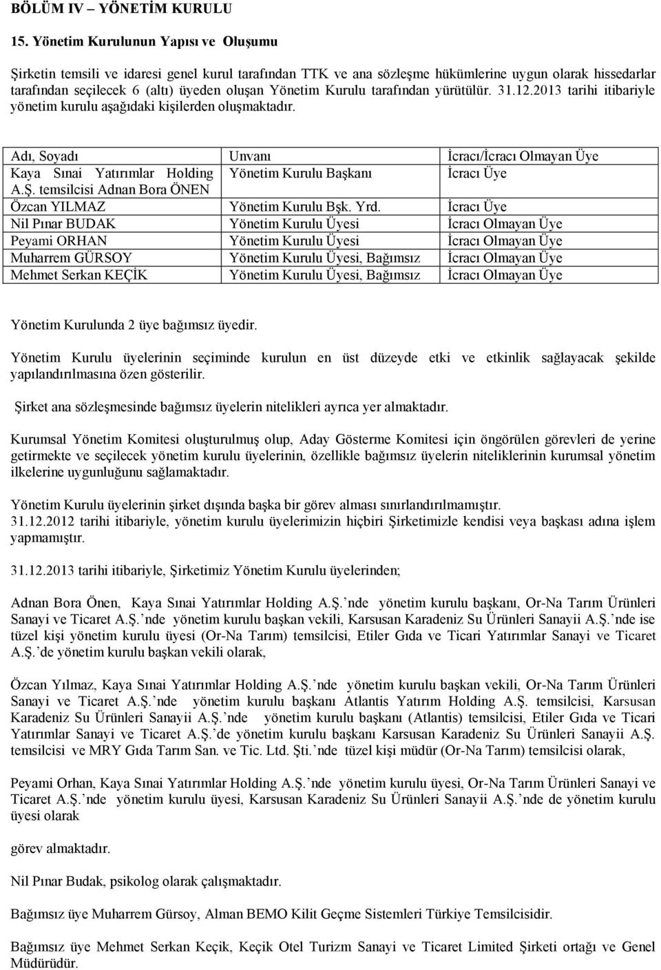 Kurulu tarafından yürütülür. 31.12.2013 tarihi itibariyle yönetim kurulu aşağıdaki kişilerden oluşmaktadır.