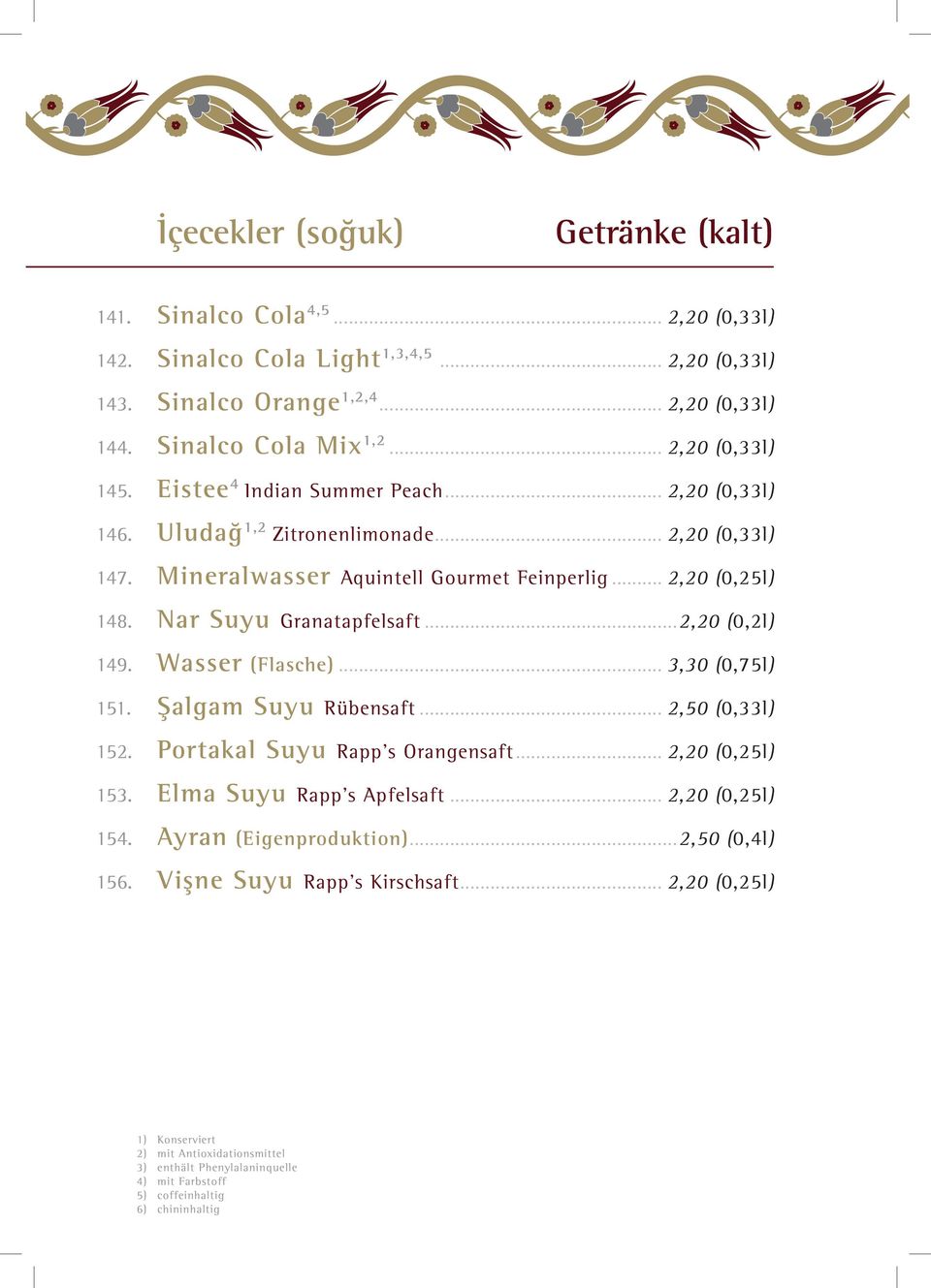 Nar Suyu Granatapfelsaft...2,20 (0,2l) 149. Wasser (Flasche)... 3,30 (0,75l) 151. Şalgam Suyu Rübensaft... 2,50 (0,33l) 152. Portakal Suyu Rapp s Orangensaft... 2,20 (0,25l) 153.