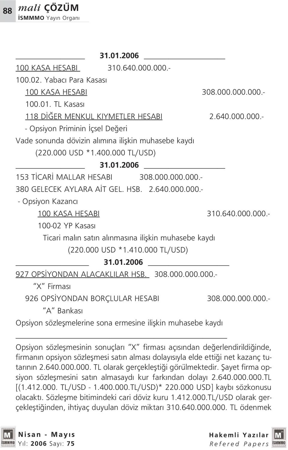 000 USD *1.410.000 TL/USD) 31.01.2006 927 OPS YONDAN ALACAKLILAR HSB. 308.000.000.000.- X Firmas 926 OPS YONDAN BORÇLULAR HESABI 308.000.000.000.- A Bankas Opsiyon sözleflmelerine sona ermesine