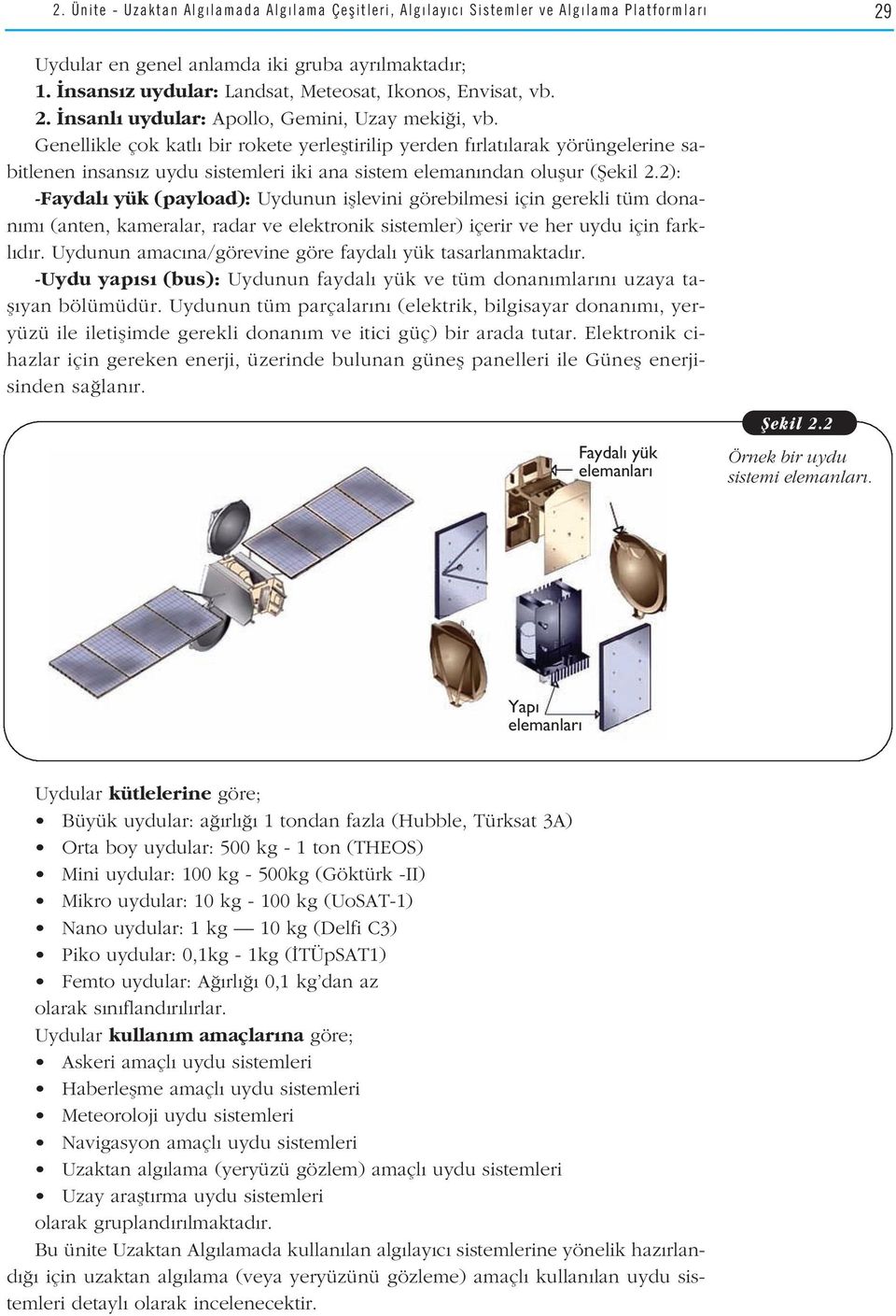 Genellikle çok katl bir rokete yerlefltirilip yerden f rlat larak yörüngelerine sabitlenen insans z uydu sistemleri iki ana sistem eleman ndan oluflur (fiekil 2.