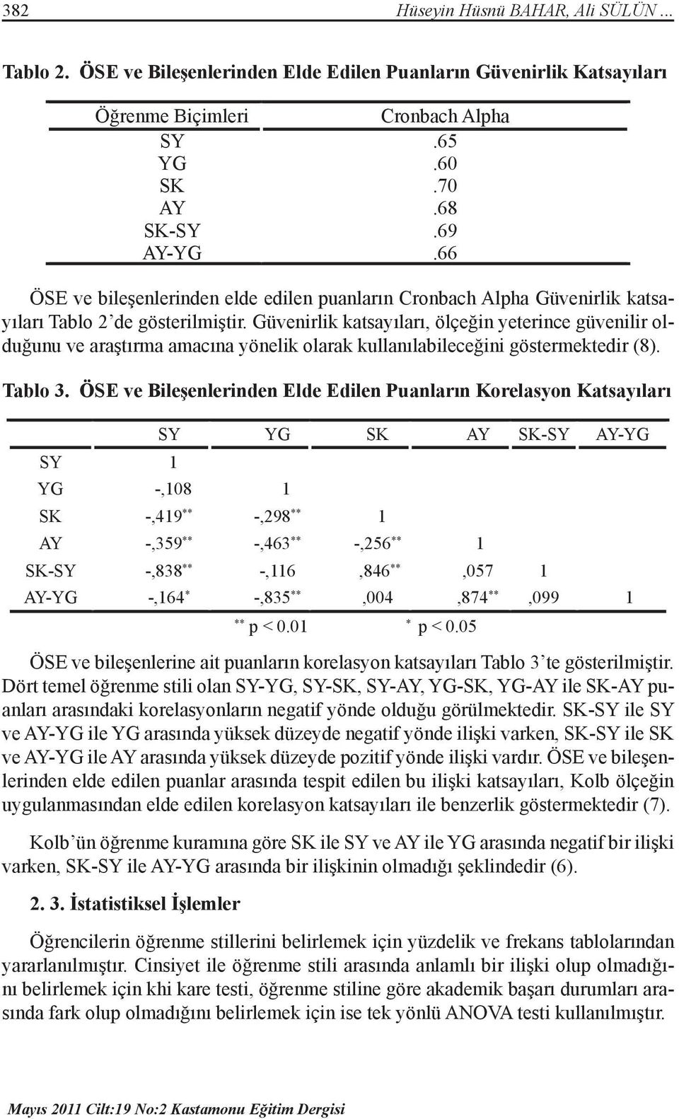 Güvenirlik katsayıları, ölçeğin yeterince güvenilir olduğunu ve araştırma amacına yönelik olarak kullanılabileceğini göstermektedir (8). Tablo 3.