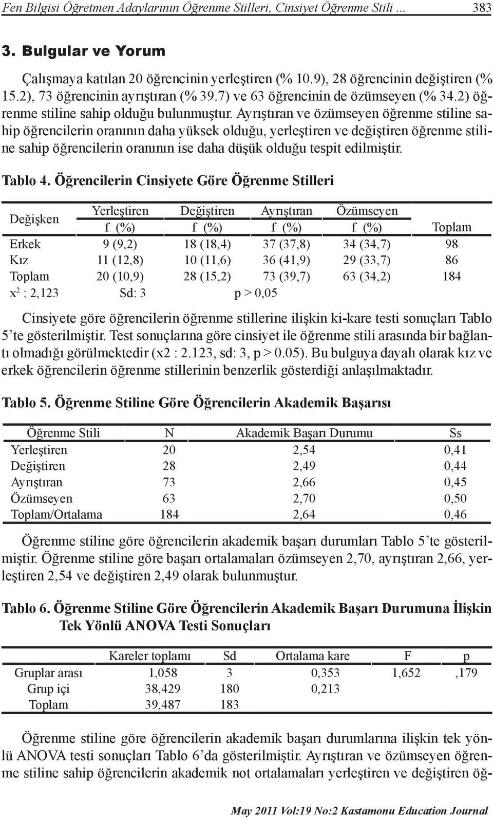 Ayrıştıran ve özümseyen öğrenme stiline sahip öğrencilerin oranının daha yüksek olduğu, yerleştiren ve değiştiren öğrenme stiline sahip öğrencilerin oranının ise daha düşük olduğu tespit edilmiştir.