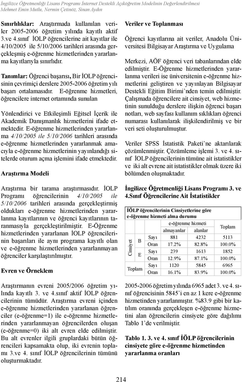 Tanımlar: Öğrenci başarısı, Bir İOLP öğrencisinin çevrimiçi derslere 2005-2006 öğretim yılı başarı ortalamasıdır.