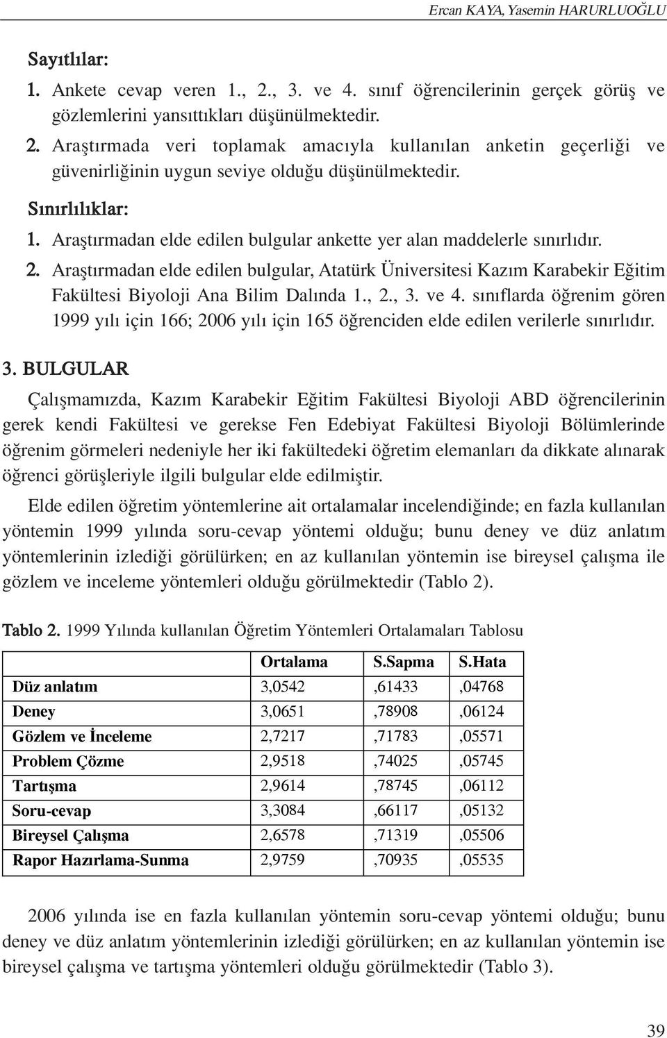 Araflt rmadan elde edilen bulgular, Atatürk Üniversitesi Kaz m Karabekir E itim Fakültesi Biyoloji Ana Bilim Dal nda 1., 2., 3. ve 4.