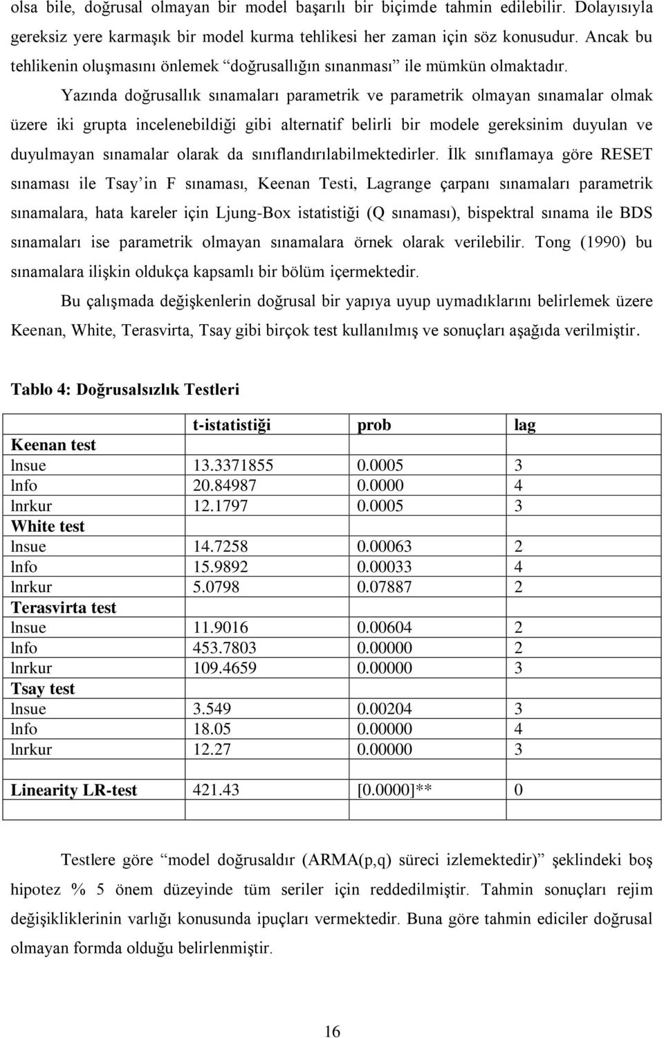 Yazında doğrusallık sınamaları parametrik ve parametrik olmayan sınamalar olmak üzere iki grupta incelenebildiği gibi alternatif belirli bir modele gereksinim duyulan ve duyulmayan sınamalar olarak