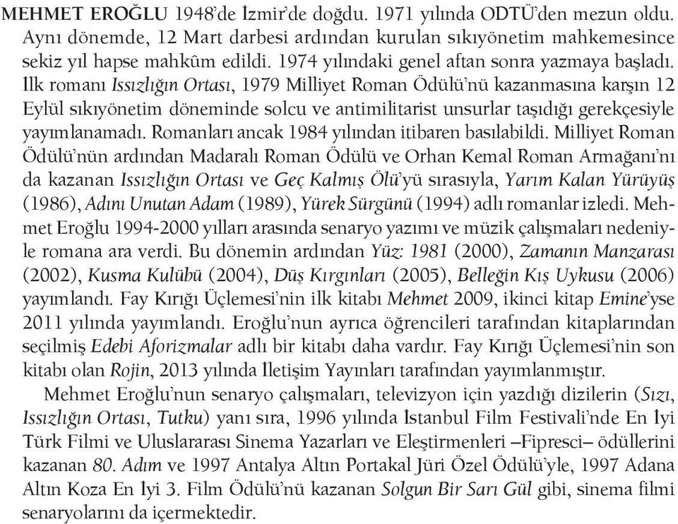 İlk romanı Issızlığın Ortası, 1979 Milliyet Roman Ödülü nü kazanmasına karşın 12 Eylül sıkıyönetim döneminde solcu ve antimilitarist unsurlar taşıdığı gerekçesiyle yayımlanamadı.