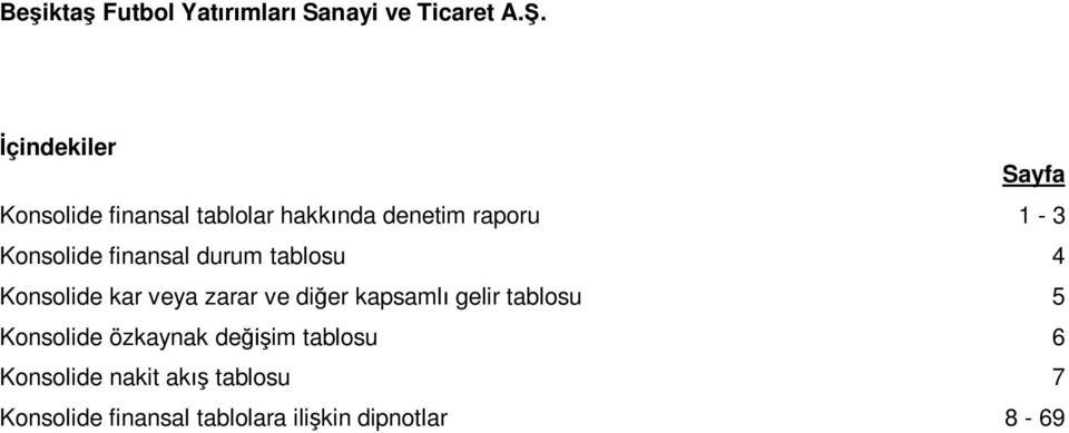 diğer kapsamlı gelir tablosu 5 Konsolide özkaynak değişim tablosu 6