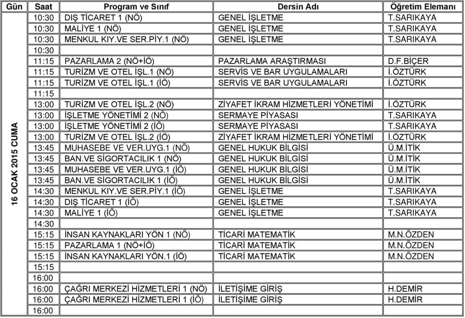 2 (NÖ) ZİYAFET İKRAM HİZMETLERİ YÖNETİMİ İ.ÖZTÜRK 13:00 İŞLETME YÖNETİMİ 2 (NÖ) SERMAYE PİYASASI T.SARIKAYA 13:00 İŞLETME YÖNETİMİ 2 (İÖ) SERMAYE PİYASASI T.SARIKAYA 13:00 TURİZM VE OTEL İŞL.