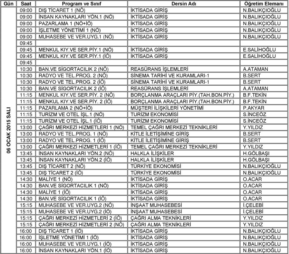 SALİHOĞLU 09:45 10:30 BAN.VE SİGORTACILIK 2 (NÖ) REASÜRANS İŞLEMLERİ A.ATAMAN 10:30 RADYO VE TEL.PROG. 2 (NÖ) SİNEMA TARİHİ VE KURAMLARI-1 B.SERT 10:30 RADYO VE TEL.PROG. 2 (İÖ) SİNEMA TARİHİ VE KURAMLARI-1 B.