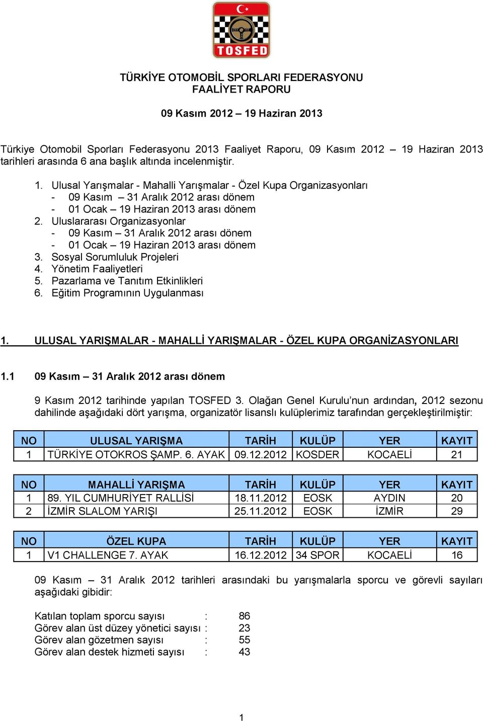 Uluslararası Organizasyonlar - 09 Kasım 31 Aralık 2012 arası dönem - 01 Ocak 19 Haziran 2013 arası dönem 3. Sosyal Sorumluluk Projeleri 4. Yönetim Faaliyetleri 5. Pazarlama ve Tanıtım Etkinlikleri 6.