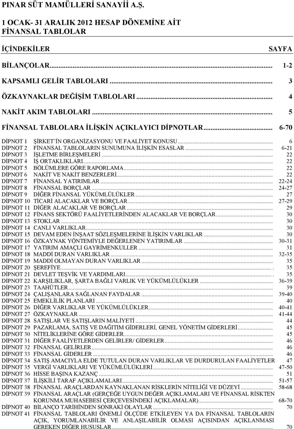 .. 22 DİPNOT 4 İŞ ORTAKLIKLARI... 22 DİPNOT 5 BÖLÜMLERE GÖRE RAPORLAMA... 22 DİPNOT 6 NAKİT VE NAKİT BENZERLERİ... 22 DİPNOT 7 FİNANSAL YATIRIMLAR... 22-24 DİPNOT 8 FİNANSAL BORÇLAR.