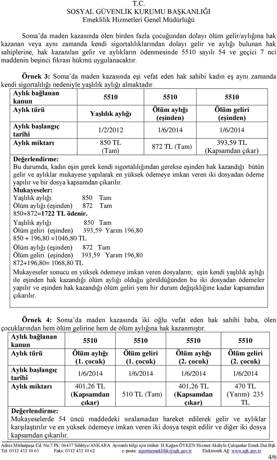 Örnek 3: Soma da maden kazasında eşi vefat eden hak sahibi kadın eş aynı zamanda kendi sigortalılığı nedeniyle yaşlılık aylığı almaktadır.