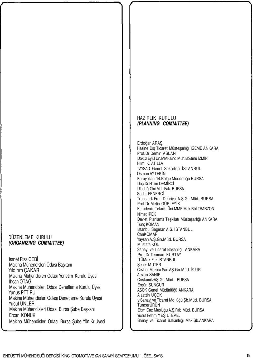 Odası Bursa Şube Yön.Kr.Uyesi Erdoğan ARAŞ Hazine Dış Ticaret Müsteşarlığı İGEME ANKARA Prof.Dr.Demir ASLAN Dokuz Eylül Ün.MMF.End.Müh.BöBmü İZMİR Hilmi K.