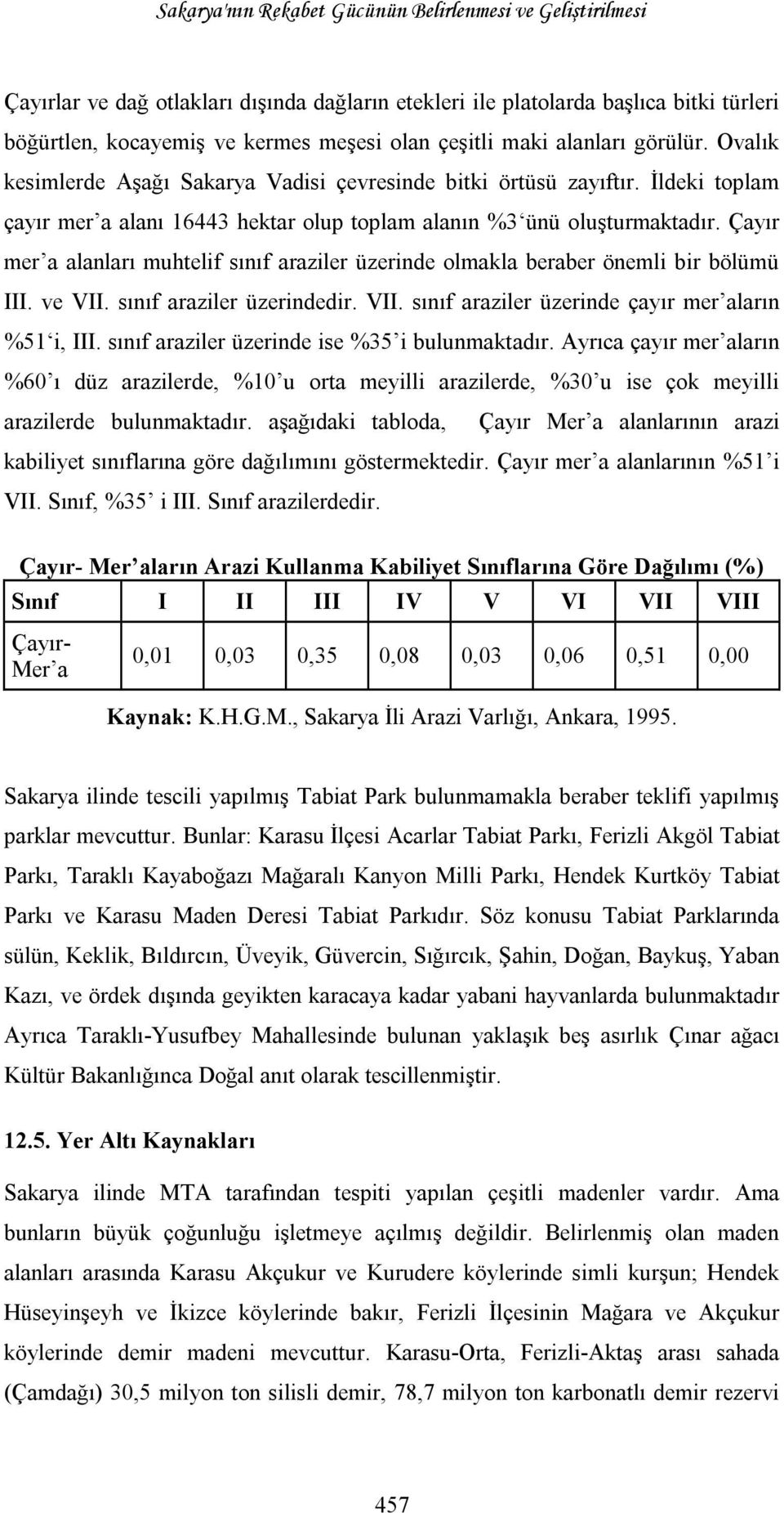 Çayır mer a alanları muhtelif sınıf araziler üzerinde olmakla beraber önemli bir bölümü III. ve VII. sınıf araziler üzerindedir. VII. sınıf araziler üzerinde çayır mer aların %51 i, III.