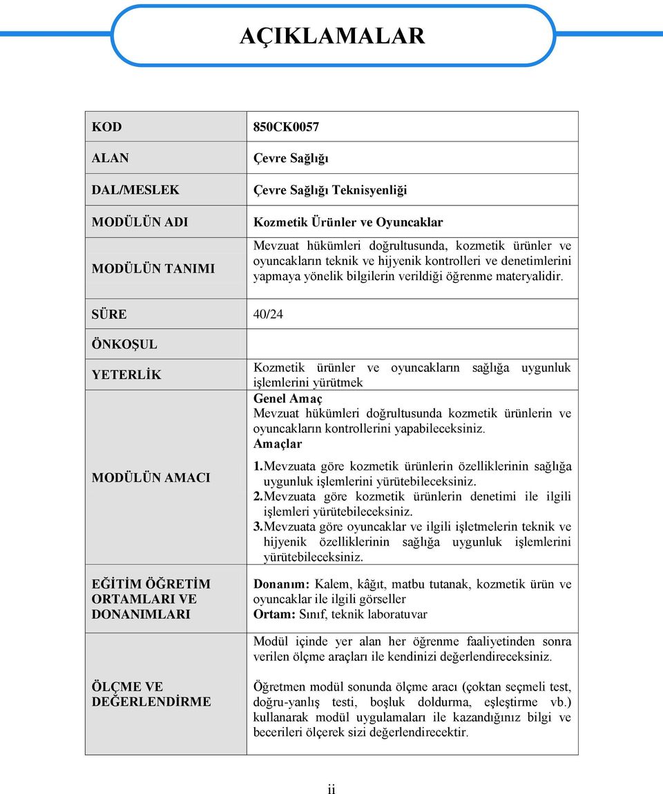 SÜRE 40/24 ÖNKOġUL YETERLĠK MODÜLÜN AMACI EĞĠTĠM ÖĞRETĠM ORTAMLARI VE DONANIMLARI Kozmetik ürünler ve oyuncakların sağlığa uygunluk iģlemlerini yürütmek Genel Amaç Mevzuat hükümleri doğrultusunda